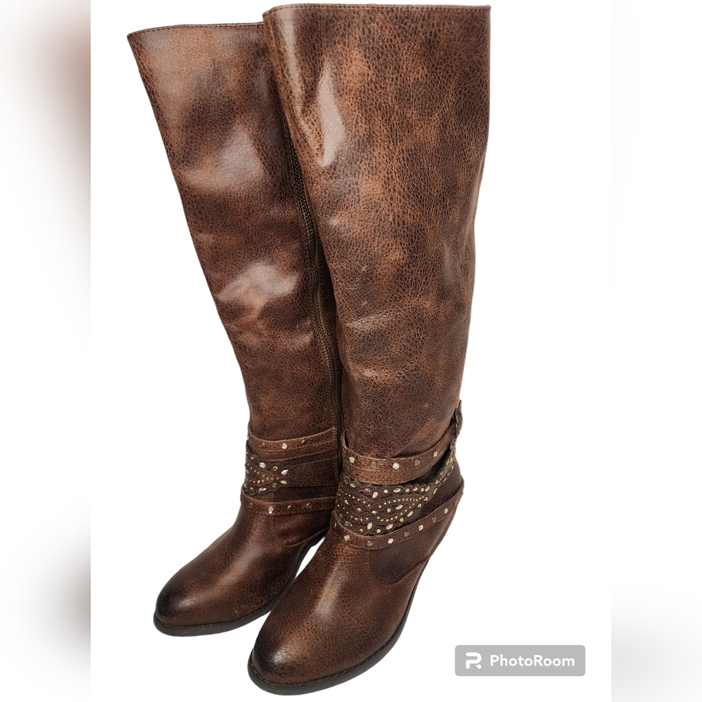 Not Rated Women's Hipster Boots- Knee High with Zipper- Brown Leather-Size 7.5